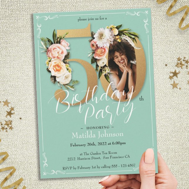 Invitación Glamorosa Floral Gold Photo 50th Birthday Party (Glamorous Floral Gold Photo 50th Birthday Party Invitation)