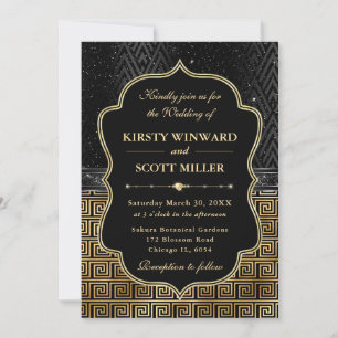 Invitación Glamorosa Llave Griega Negra Dorada Boda Art Déco