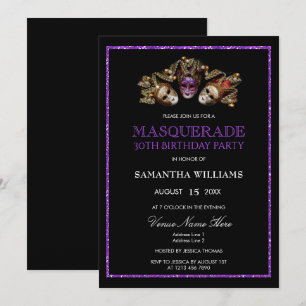 Invitación Glamorosa mascarada de Purpurina morado 30 cumplea