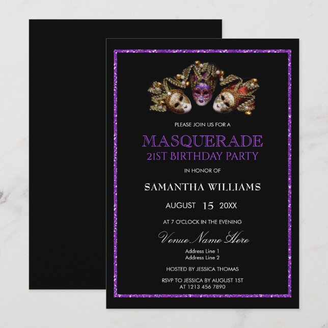 Invitación Glamorosa mascarada de Purpurina púrpura 21 cumple (Anverso / Reverso)