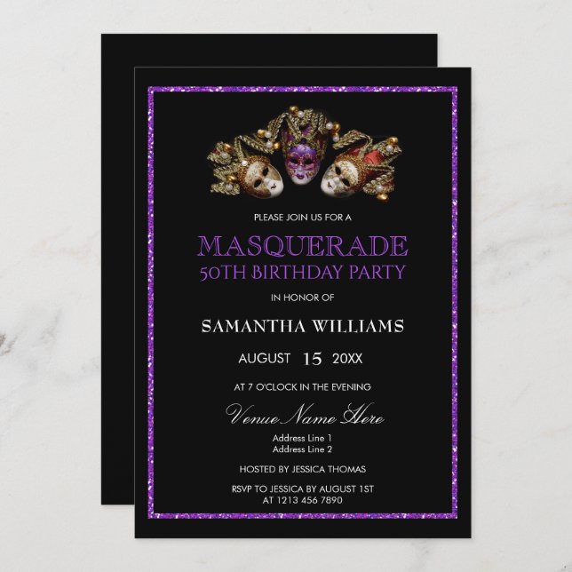 Invitación Glamorosa Mascarada Purpurina Púrpura 50 cumpleaño (Anverso / Reverso)