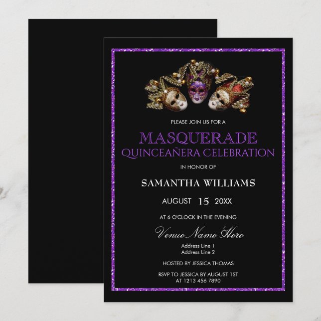 Invitación Glamorosa Mascarada Purpurina Púrpura Quinceañera (Anverso / Reverso)