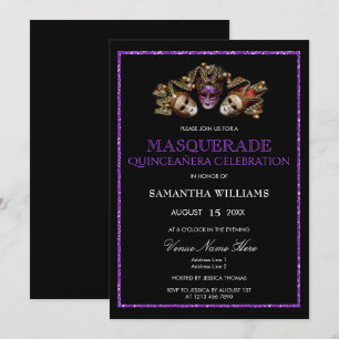 Invitación Glamorosa Mascarada Purpurina Púrpura Quinceañera