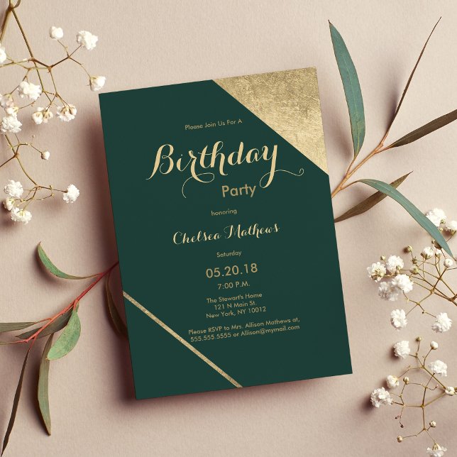 Invitación Glamorosa moda de oro verde forestal Fiesta de cum (Glamorous forest green gold chic Birthday Party Invitation)