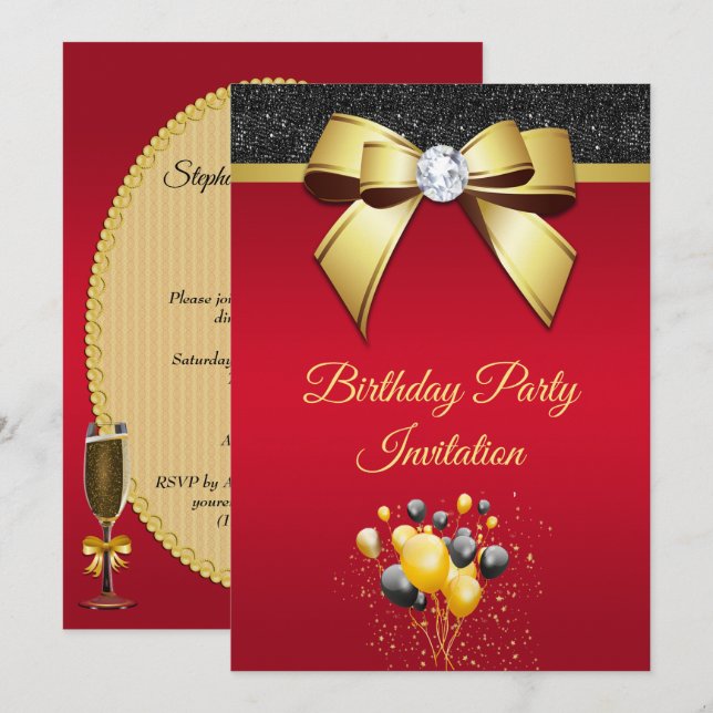 Invitación Glamorosa, Romántica Elegancia Fiesta de Cumpleaño (Anverso / Reverso)