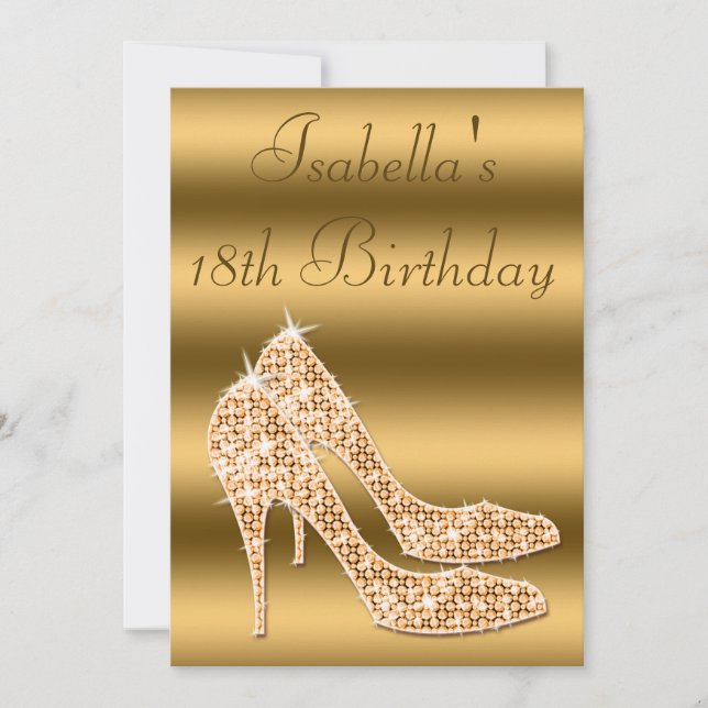 Invitación Glamorosa Stilettos de Oro 18 cumpleaños (Anverso)