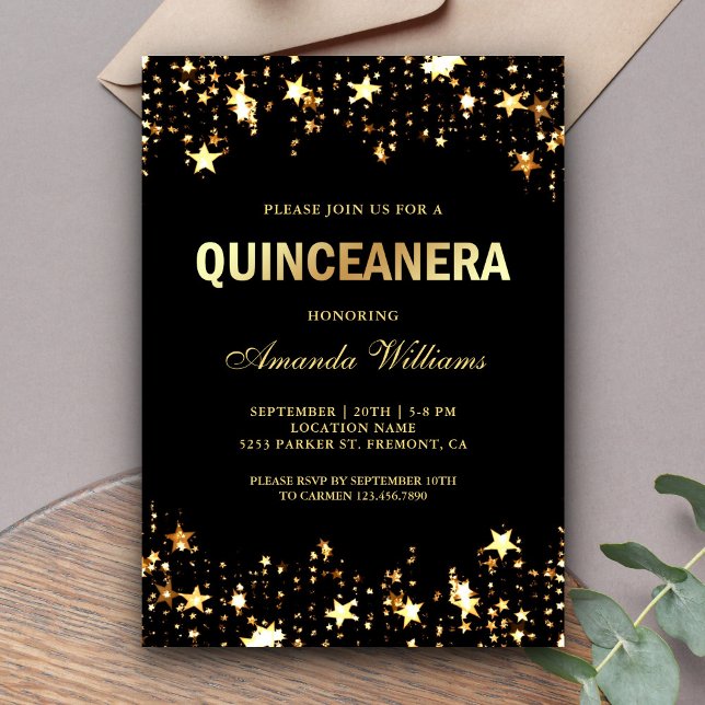 Invitación Glamorosas estrellas Purpurinas de oro Confetti Qu (Subido por el creador)