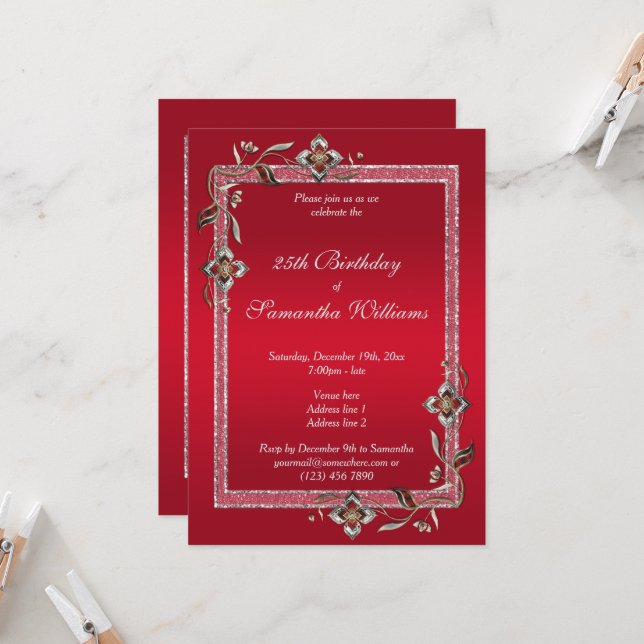 Invitación Glamorosas joyas rojas de rubí y cumpleaños Purpur (Anverso/Reverso In Situ)