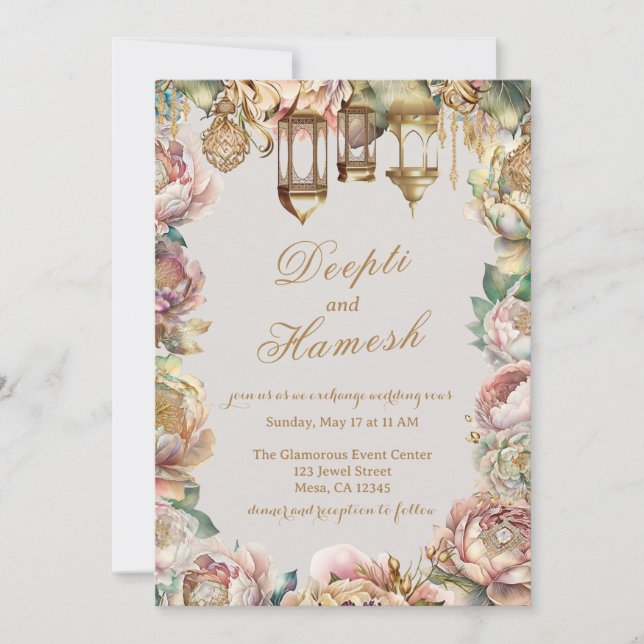 Invitación Glamorosas noches árabes Pastel Boda Floral (Anverso)
