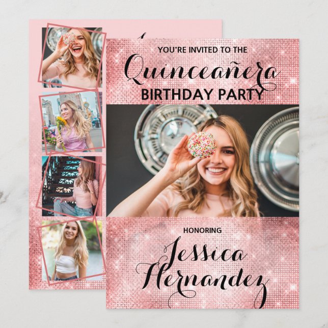 Invitación Glamorosas secuelas de Purpurinas rosados Foto Qui (Anverso / Reverso)