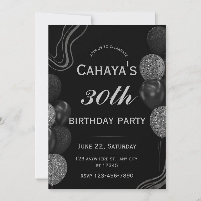 Invitación Glamoroso 30 años Plata Negra Glitzy (Anverso)