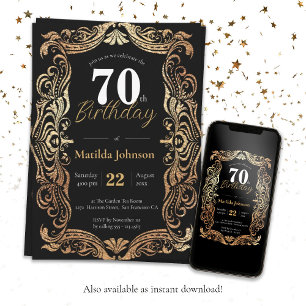 Invitación Glamoroso 70 cumpleaños Boho negro de oro elegante