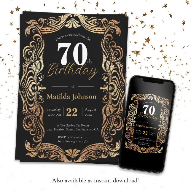 Invitación Glamoroso 70 cumpleaños Boho negro de oro elegante (Glamorous 70th Birthday Gold Black Boho Elegant Invitation)