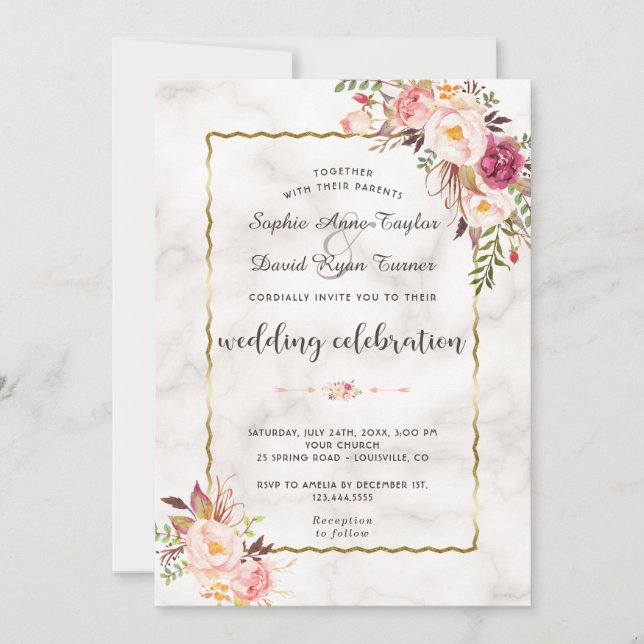 Invitación Glamoroso Boda de mármol floral rosa Rubor Gold (Anverso)
