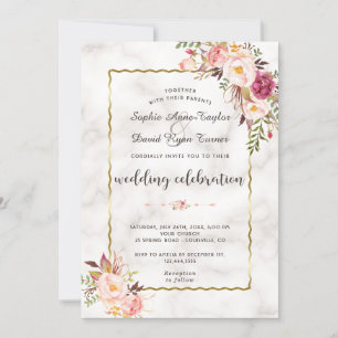 Invitación Glamoroso Boda de mármol floral rosa Rubor Gold