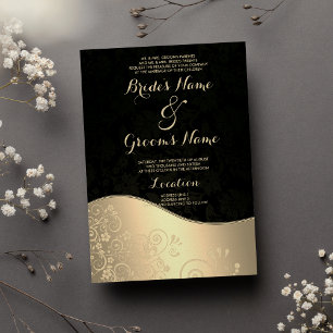 Invitación Glamoroso Boda de Moda Black Gold Floral Damask