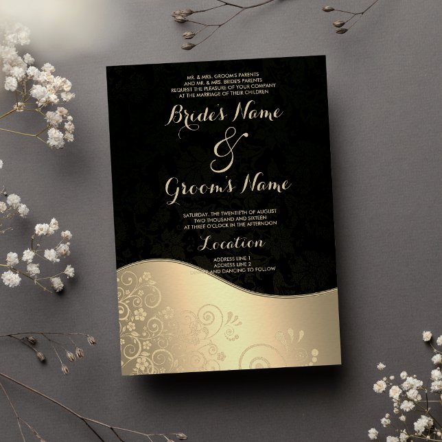 Invitación Glamoroso Boda de Moda Black Gold Floral Damask (Glamorous Black Gold Floral Damask Chic Wedding )