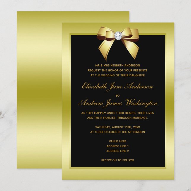 Invitación Glamoroso Boda de oro y negro (Anverso / Reverso)