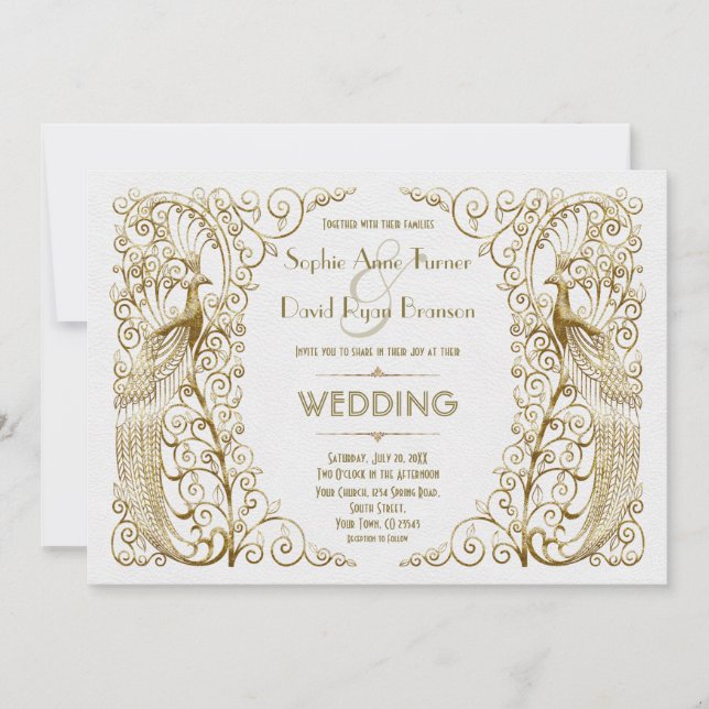 Invitación Glamoroso Boda de Peacocks Art Deco de Oro Blanco (Anverso)