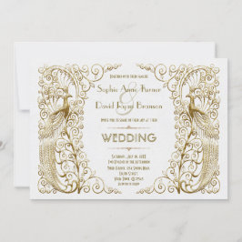 Invitación Glamoroso Boda de Peacocks Art Deco de Oro Blanco