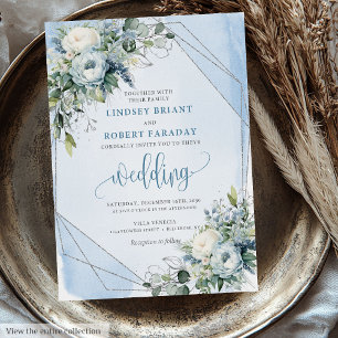 Invitación Glamoroso Boda de Peonies de Plata Blanca Azul Dus