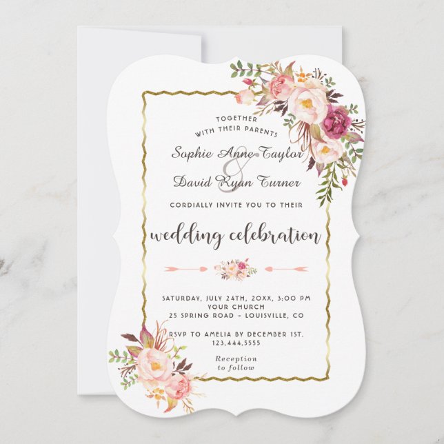 Invitación Glamoroso Boda floral rosa Rubor Gold (Anverso)