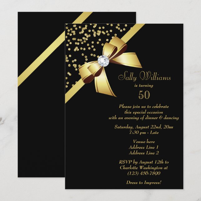 Invitación Glamoroso Confetti de Oro y Bola de Oro 50 cumplea (Anverso / Reverso)