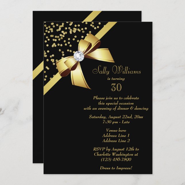 Invitación Glamoroso Confetti de Oro y Joya Bow 30 cumpleaños (Anverso / Reverso)