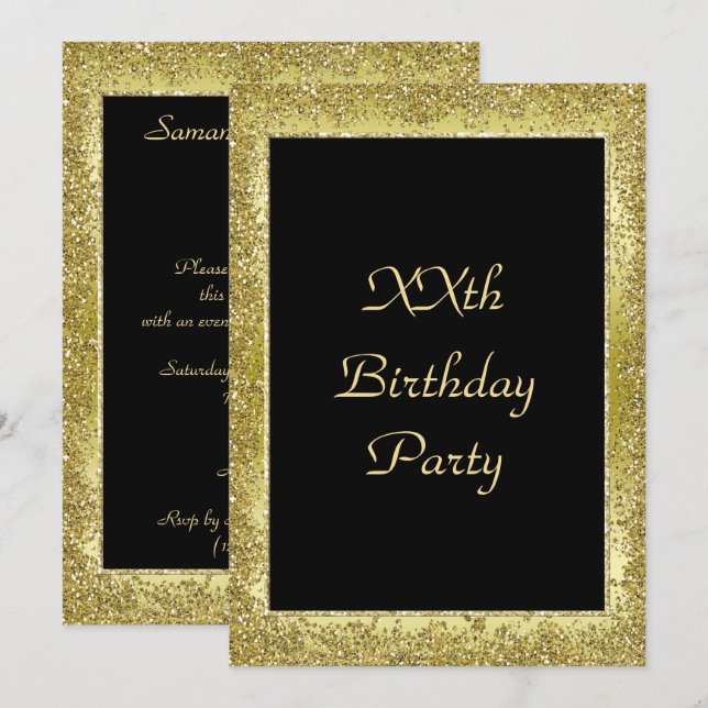Invitación Glamoroso cumpleaños dorado y negro (Anverso / Reverso)