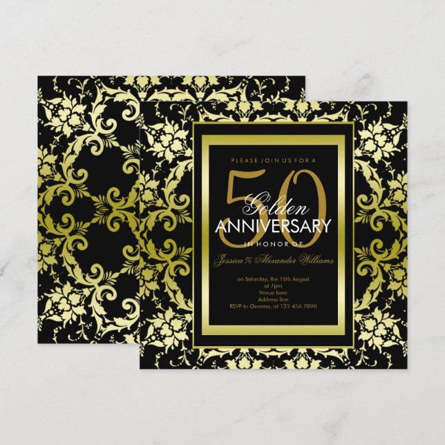 Invitación Glamoroso Damasco de Oro 50 Aniversario del Boda (Anverso / Reverso)