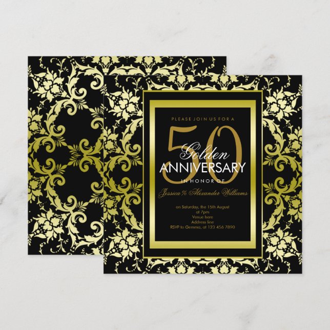 Invitación Glamoroso Damask Oro Aniversario de Bodas número 5 (Anverso / Reverso)