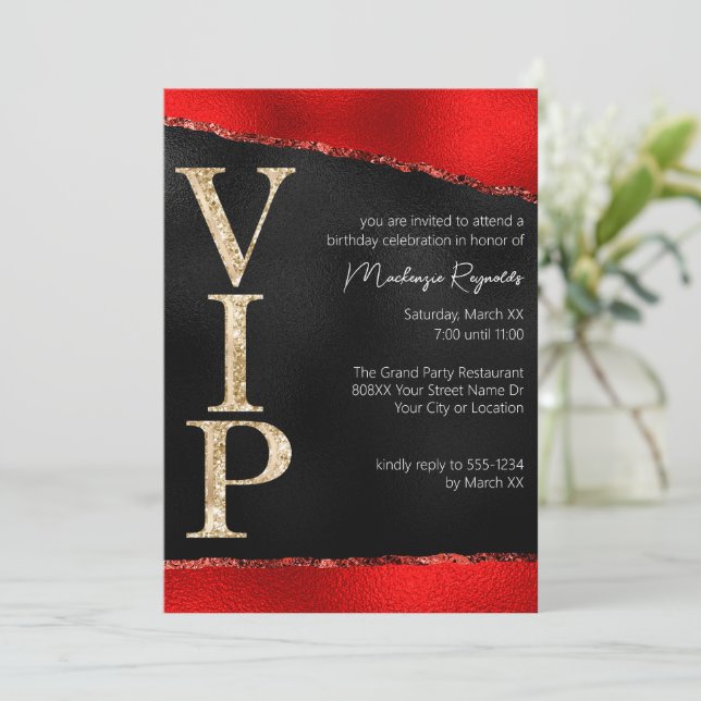 Invitación Glamoroso Fiesta VIP Brillante Purpurina Rojo y Or (Anverso de pie)