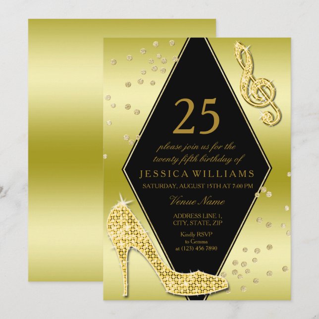 Invitación Glamoroso Glitzy Gold 25 cumpleaños (Anverso / Reverso)