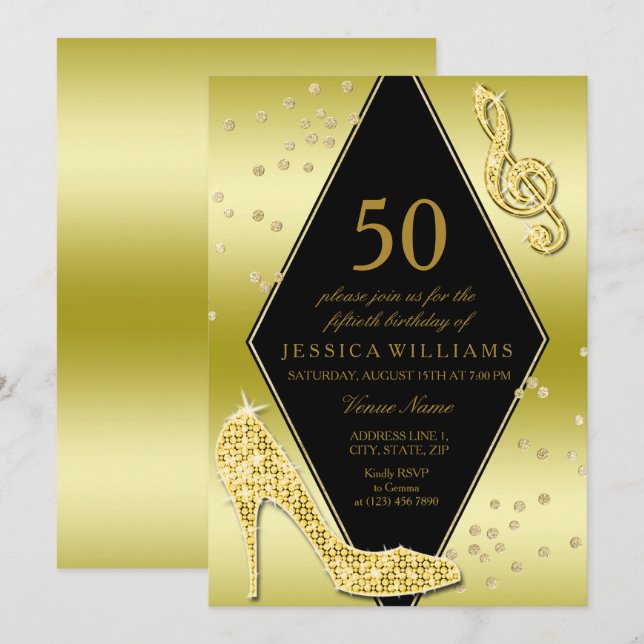 Invitación Glamoroso Glitzy Gold 50 cumpleaños (Anverso / Reverso)