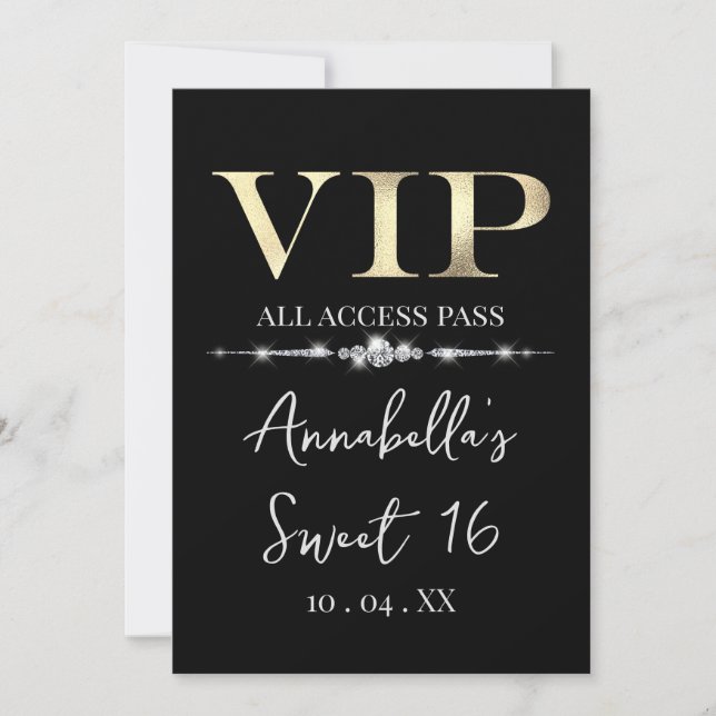 Invitación Glamoroso Gold VIP sobre negro (Anverso)