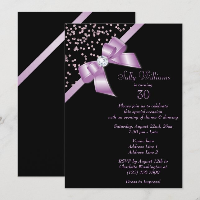 Invitación Glamoroso Lilac Confetti & Jewel Bow 30 cumpleaños (Anverso / Reverso)
