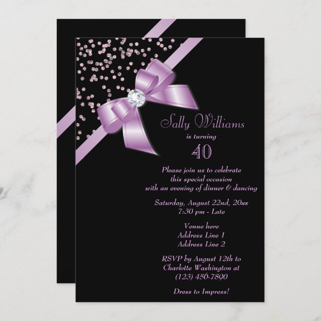 Invitación Glamoroso Lilac Confetti & Jewel Bow 40 cumpleaños (Anverso / Reverso)