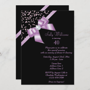 Invitación Glamoroso Lilac Confetti y Joya Bow 40 cumpleaños