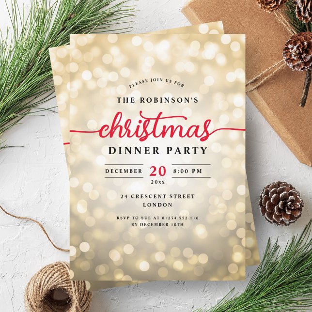 Invitación Glamoroso Navidad de Luces de Oro Fiesta de cena (Glamorous Gold Lights Christmas Dinner Party Invitation)