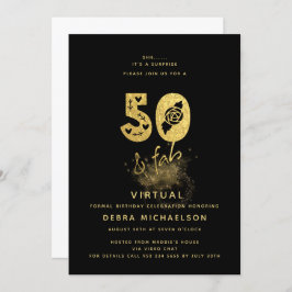 Invitación Glamoroso negro y oro 50 y fab cumpleaños virtual