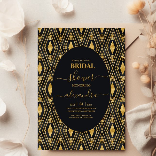 Invitación Glamoroso negro y oro Art Deco novia (Subido por el creador)
