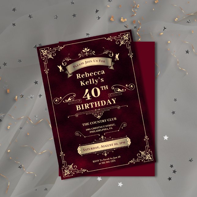 Invitación Glamoroso oro de Borgoña Milestone Edad cumpleaños (Glamorous Burgundy Gold Milestone Age Birthday Invitation)