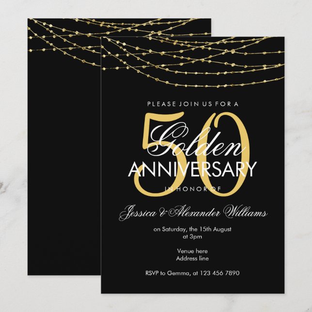 Invitación Glamoroso oro ilumina el 50 aniversario del Boda (Anverso / Reverso)
