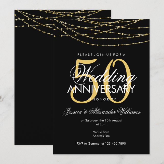 Invitación Glamoroso oro ilumina el 50 aniversario del Boda (Anverso / Reverso)