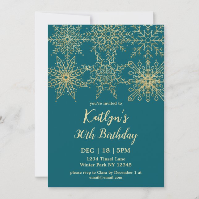 Invitación Glamoroso oro Verde azulado invierno 30 cumpleaños (Anverso)