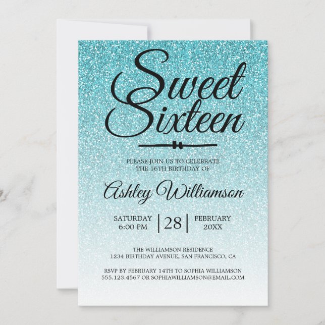 Invitación Glamoroso Purpurina Azul Ombre Sweet 16 Cumpleaños (Anverso)
