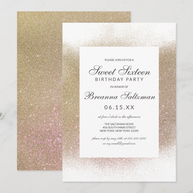 Invitación Glamoroso Purpurina blanco dorado dulce de polvo 1 (Anverso / Reverso)