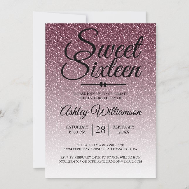 Invitación Glamoroso Purpurina de Borgoña Ombre Sweet 16 Cump (Anverso)