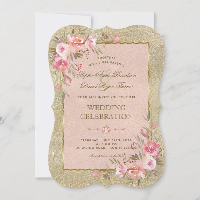 Invitación Glamoroso Purpurina de oro Boda Floral Rubor (Anverso)