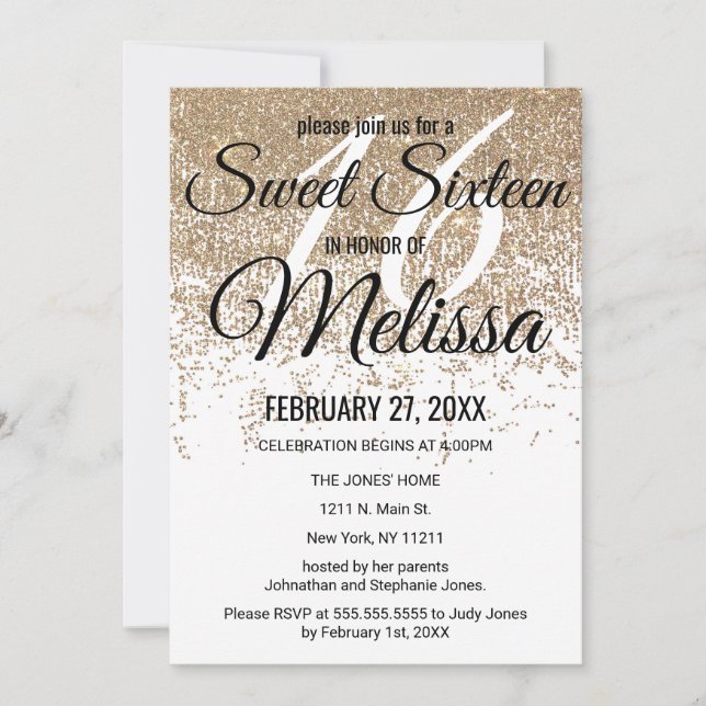 Invitación Glamoroso Purpurina de oro esparce dulce blanco 16 (Anverso)